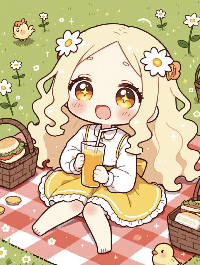 Ảnh chibi nu cute uong nuoc cam di picnic